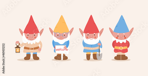 Cute little gnomes.Collection of garder gnomes. Set of fairy tale characters. Cartoon vector illustration photo