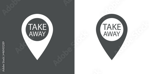 Logotipo con texto Take Away en silueta de puntero de posición en fondo gris y fondo blanco