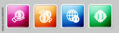 Set line Hand holding Bitcoin, , Globe and CPU mining farm. Colorful square button. Vector
