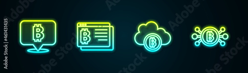 Set line Bitcoin, browser, Cryptocurrency cloud mining and circuit. Glowing neon icon. Vector