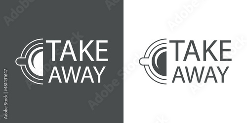 Logotipo con texto Take Away en silueta de taza de café con lineas en fondo gris y fondo blanco