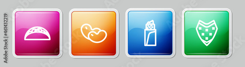 Set line Taco with tortilla, Beans, Burrito and Poncho. Colorful square button. Vector