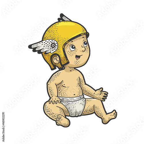 Baby in ancient roman helmet with wings color sketch engraving vector illustration. T-shirt apparel print design. Scratch board imitation. Black and white hand drawn image.