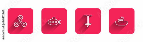 Set line Fidget spinner, Submarine toy, Pogo stick jumping and Toy boat with long shadow. Red square button. Vector