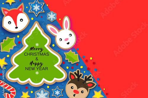 Happy New Year and Merry Christmas Greeting card. Christmas gingerbread paper cut style. Animals. Deer, Fox, Rabbit. Christmas tree frame. Winter holidays.