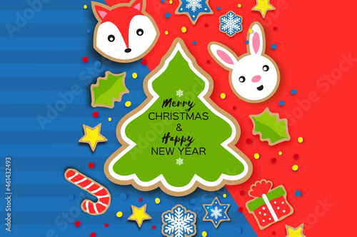 Happy New Year and Merry Christmas Greeting card. Christmas gingerbread paper cut style. Animals. Deer, Fox, Rabbit. Christmas tree frame. Winter holidays.
