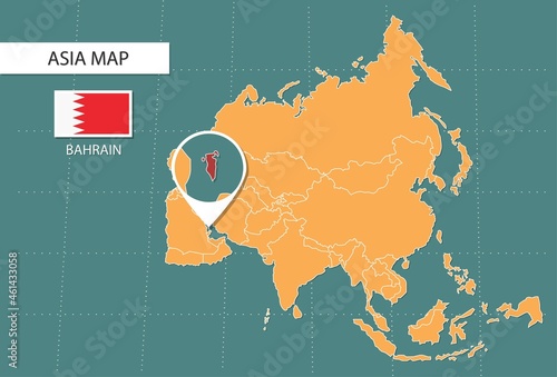 Bahrain map in Asia zoom version, icons showing Bahrain location and flags.