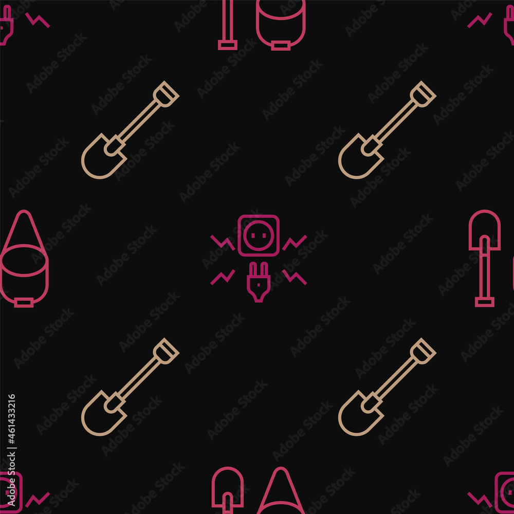 Set line Fire shovel and bucket, and Electricity spark on seamless pattern. Vector Set line Fire shovel and bucket, and Electricity spark on seamless pattern. Vector