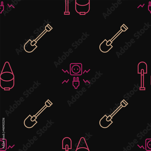 Set line Fire shovel and bucket, and Electricity spark on seamless pattern. Vector © Kostiantyn