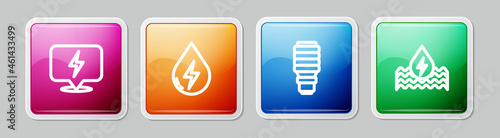 Set line Lightning bolt, Water energy, LED light bulb and . Colorful square button. Vector