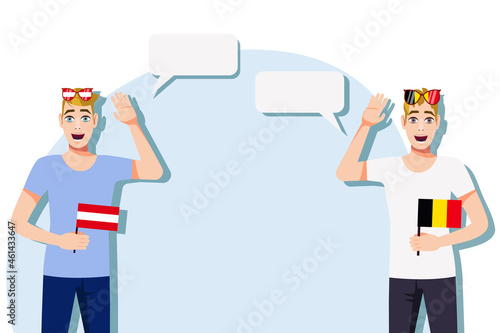 Men with Austrian and Belgian flags. The concept of international communication, education, sports, travel, business. Dialogue between Austria and Belgium. Vector illustration.