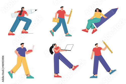 IT specialists and designers set. Man and woman with laptop and pencil. Vector illustrations.