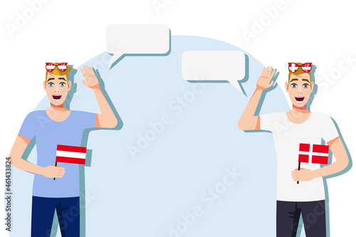 Men with Austrian and Danish flags. Background for the text. The concept of sports, political, education, travel and business relations between Austria and Denmark. Vector illustration.