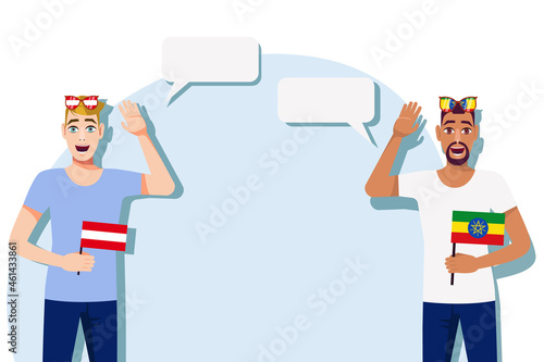 Vector illustration of people speaking the languages of Austria and Ethiopia. Illustration of translation, transcription and dialogue between Austria and Ethiopia.