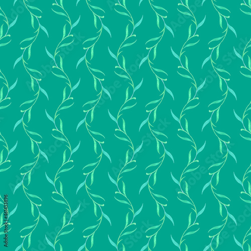 floral seamless pattern with green branches on a green background
