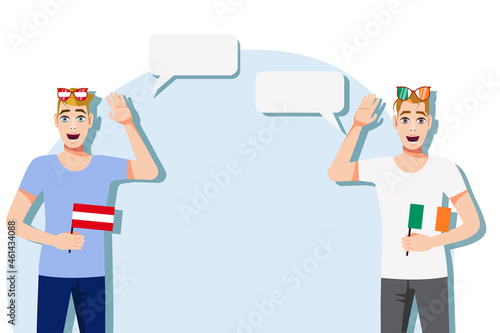 Men with Austrian and Irish flags. Background for the text. The concept of sports, political, education, travel and business relations between Austria and Ireland. Vector illustration.
