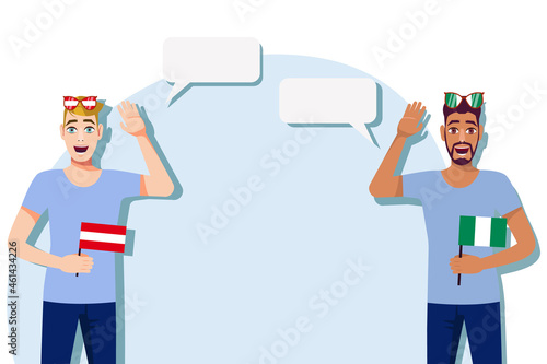 Men with Austrian and Nigerian flags. Background for the text. Communication between native speakers of the language. Vector illustration.