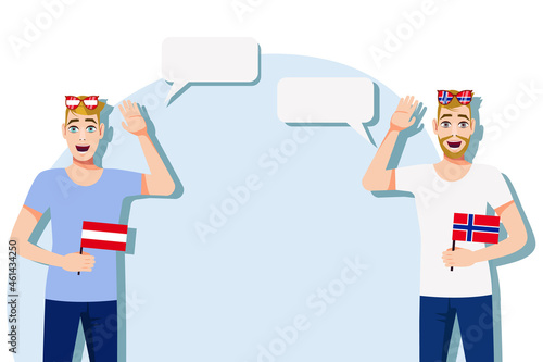 The concept of international communication, sports, education, business between Austria and Norway. Men with Austrian and Norwegian flags. Vector illustration.