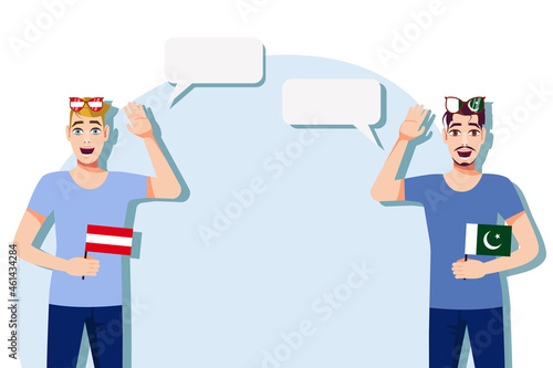 Vector illustration of people speaking the languages of Austria and Pakistan. Illustration of translation, transcription and dialogue between Austria and Pakistan.