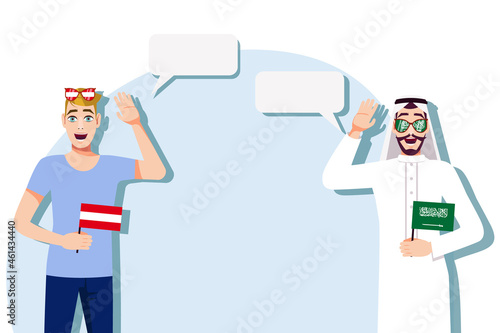 Men with Austrian and Saudi flags. Background for text. Communication between native speakers of Austria and Saudi Arabia. Vector illustration.
