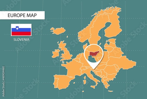 Slovenia map in Europe zoom version, icons showing Slovenia location and flags.