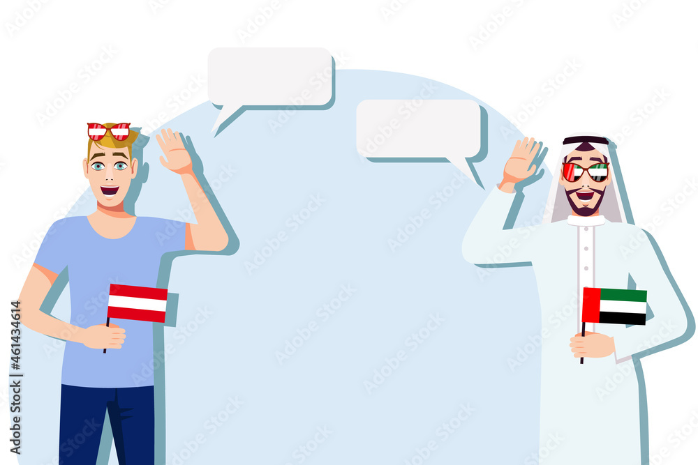 Men with Austrian and UAE flags. Background for text. Communication between native speakers of Austria and the UAE. Vector illustration.