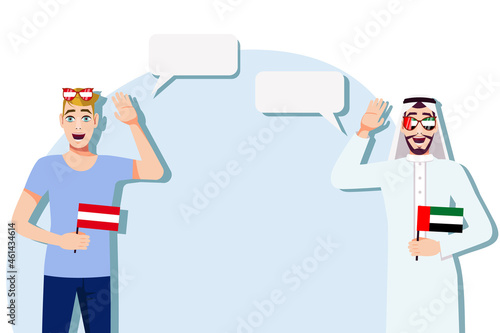 Men with Austrian and UAE flags. Background for text. Communication between native speakers of Austria and the UAE. Vector illustration.
