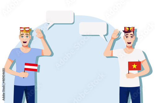 Men with Austrian and Vietnamese flags. Background for text. Communication between native speakers of Austria and Vietnam. Vector illustration. 