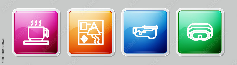 Set line Hot chocolate cup, Folded map, Biathlon rifle and Ski goggles. Colorful square button. Vector Set line Hot chocolate cup, Folded map, Biathlon rifle and Ski goggles. Colorful square button. Vector