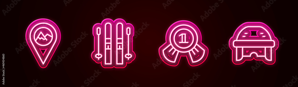Set line Location with mountain, Ski and sticks, Medal and Hockey helmet. Glowing neon icon. Vector Set line Location with mountain, Ski and sticks, Medal and Hockey helmet. Glowing neon icon. Vector