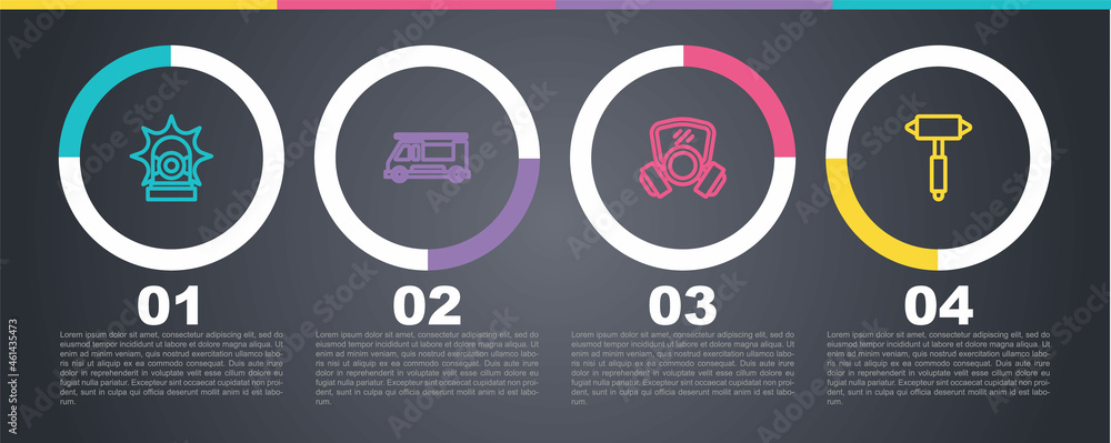 Set line Flasher siren, Fire truck, Gas mask and Firefighter axe. Business infographic template. Vector Set line Flasher siren, Fire truck, Gas mask and Firefighter axe. Business infographic template. Vector
