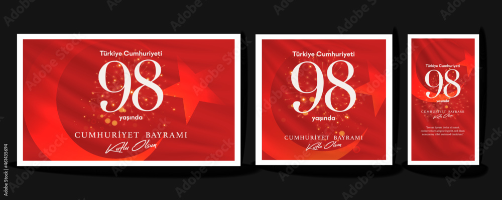 Naklejka premium Republic of Turkey - October 29, 1923. 98 yasinda; 29 Ekim; Turkiye Cumhuriyeti. Kutlu Olsun. Translation: 98 years; Happy Birthday. Mustafa Kemal Ataturk. Vector Illustration.