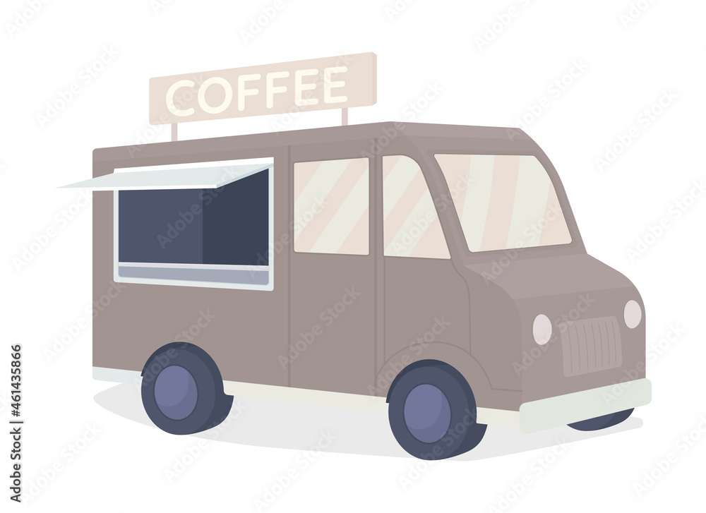 Coffee truck semi flat color vector object. Selling drinks. Full size realistic item on white. Espresso bar in van isolated modern cartoon style illustration for graphic design and animation
