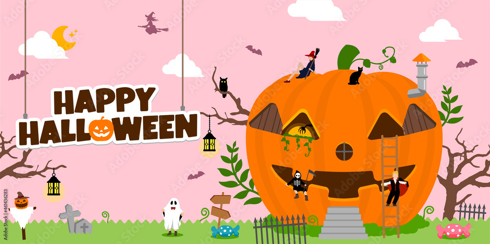 Halloween motif pumpkin house banner illustration with costume kids