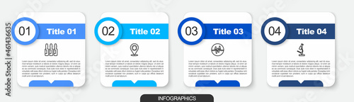 Set line Medical vial, ampoule, Location with cross hospital, Heart rate and Microscope. Business infographic template. Vector