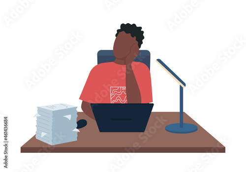 Man tired from work semi flat color vector character. Sitting figure. Full body person on white. Paperwork overload isolated modern cartoon style illustration for graphic design and animation