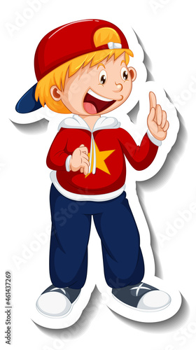 Sticker template with a boy cartoon character isolated