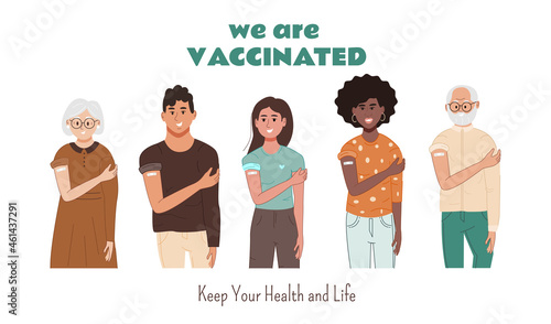 Happy diverse people show shoulder bandage after coronavirus vaccination. Elderly and young women and men were vaccinated. Vaccine concept. Flat vector illustration