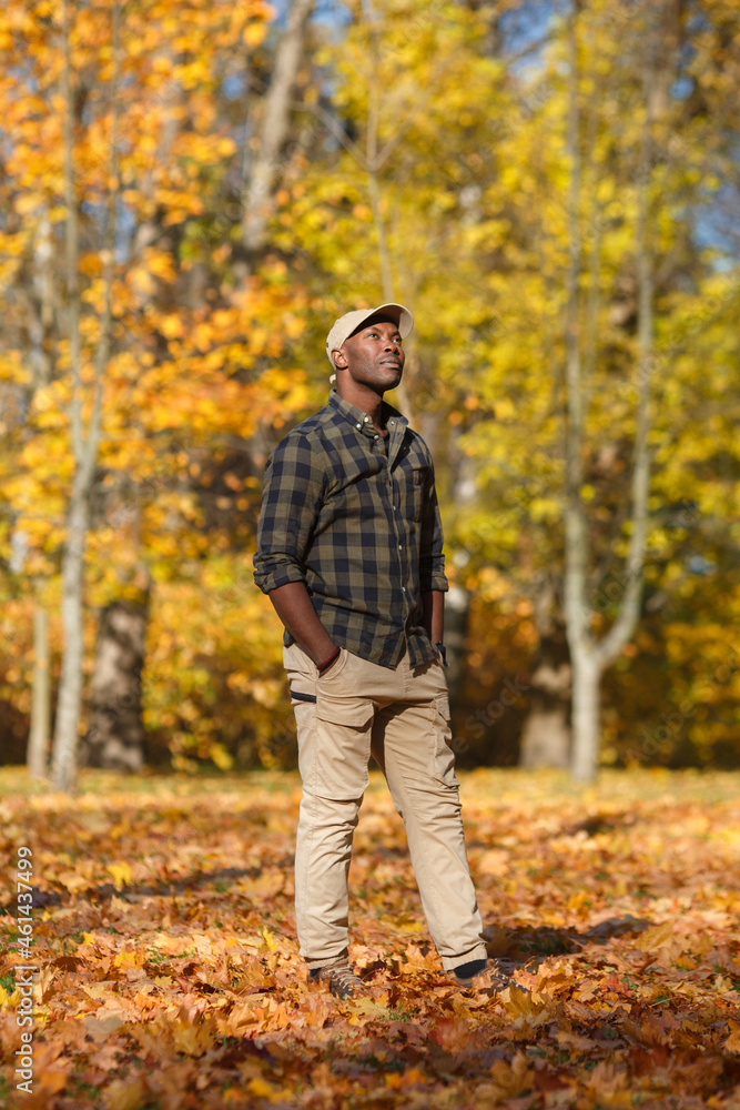 A cute black guy walks in an autumn park in golden foliage.