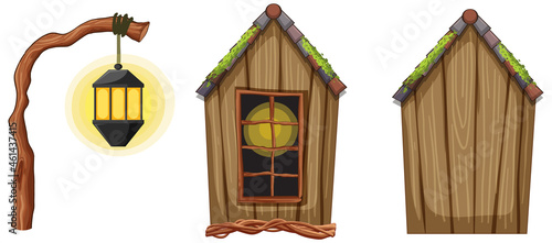 Fantasy wooden hut and lantern