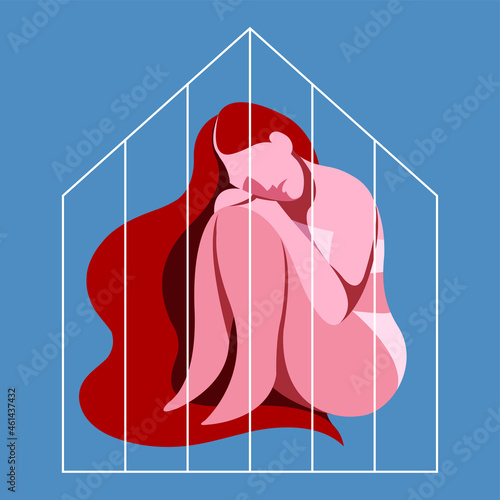 vector flat design image on the theme of domestic violence against women. a very sad girl sits behind bars locked in a house alone in her grief. the house is like a prison. victim of domestic violence