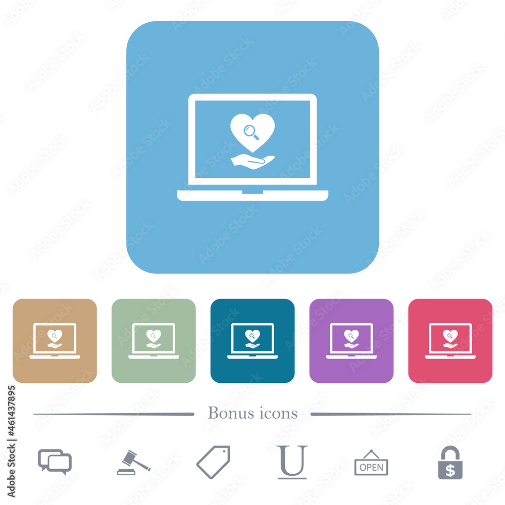 Online Dating on laptop flat icons on color rounded square backgrounds Online Dating on laptop flat icons on color rounded square backgrounds
