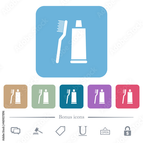Toothbrush and toothpaste tube flat icons on color rounded square backgrounds
