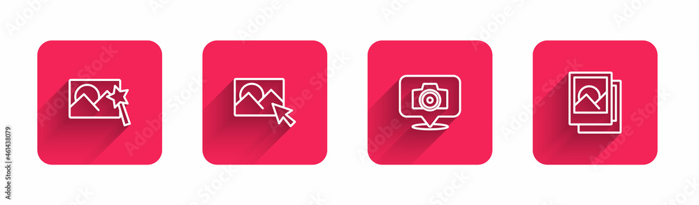 Set line Photo retouching, , camera and frame with long shadow. Red square button. Vector Set line Photo retouching, , camera and frame with long shadow. Red square button. Vector