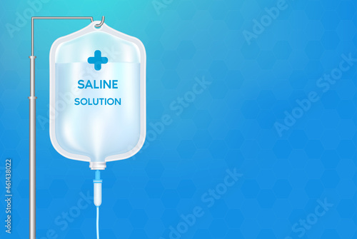 Saline bag solution drip and hand for treatment patient medical and health care concept. On blue background
