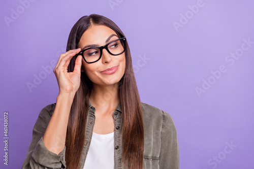 Photo portrait girl wearing glasses looking blank space isolated pastel violet color background