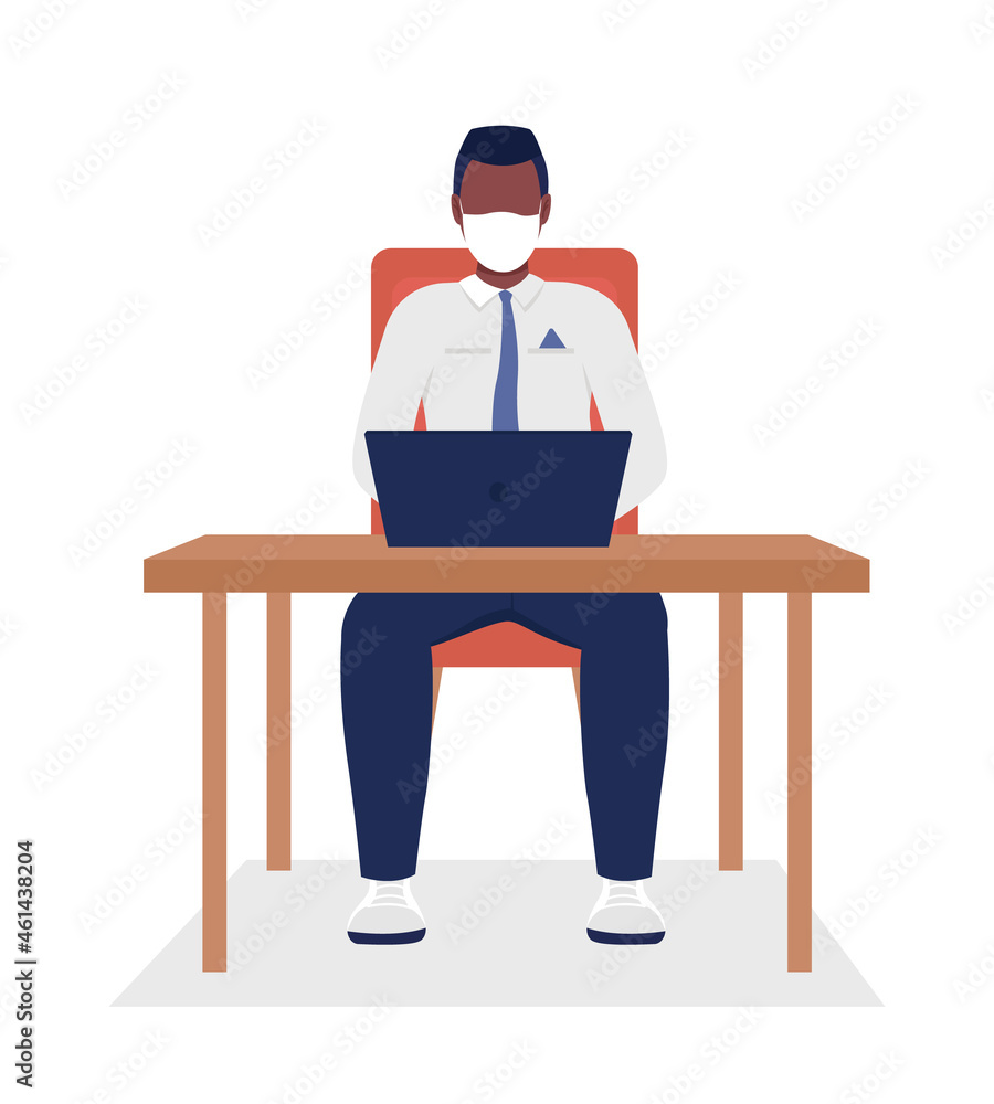 Worker with face mask semi flat color vector character. Sitting figure. Full body person on white. After covid isolated modern cartoon style illustration for graphic design and animation