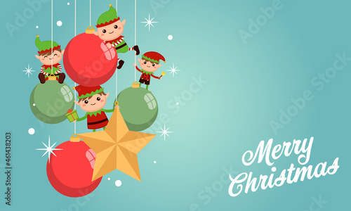 Cute little elves hanging on Christmas decoration. Flat vector cartoon design