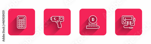 Set line Calculator, Digital thermometer, Diameter and Multimeter, voltmeter with long shadow. Red square button. Vector