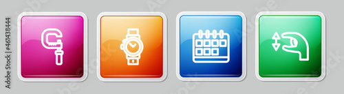 Set line Micrometer, Wrist watch, Calendar and Approximate measurements. Colorful square button. Vector